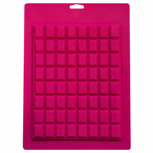 Pink silicone mold with 64 rectangular-shaped cavities, ideal for making hard candies and molded chocolates.