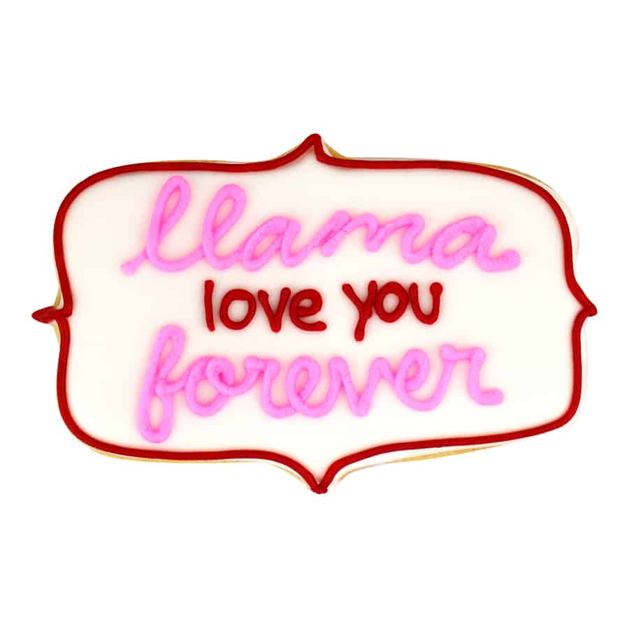 Decorated plaque cookie with the words 'Mama love you forever' in pink and red icing.