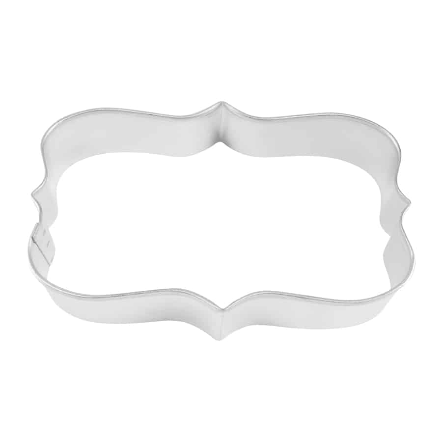 Rectangle plaque-shaped cookie cutter, ideal for creating decorative cookies or fondant designs.