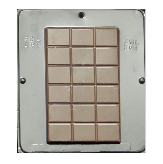 Top-down view of a break-apart rectangle chocolate bar mold with chocolate sections already formed. Each section of the mold is filled, showcasing the bar's textured top that will give the final chocolate pieces a professional finish. The mold's non-stick surface appears to have a sheen, indicating its quality and ease of use.