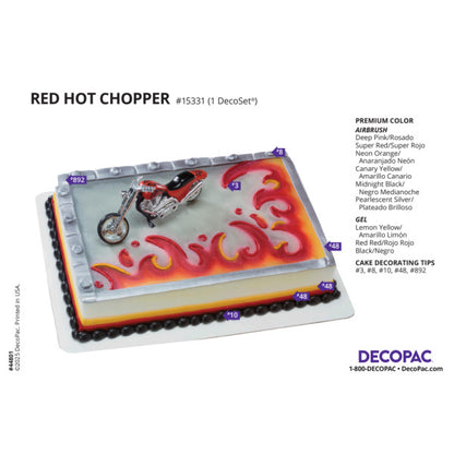 Red Hot Chopper cake design guide featuring topper placement and decorating tips.