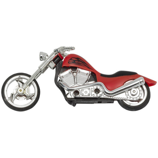 Close-up of red chopper cake topper with chrome engine and rolling wheels.