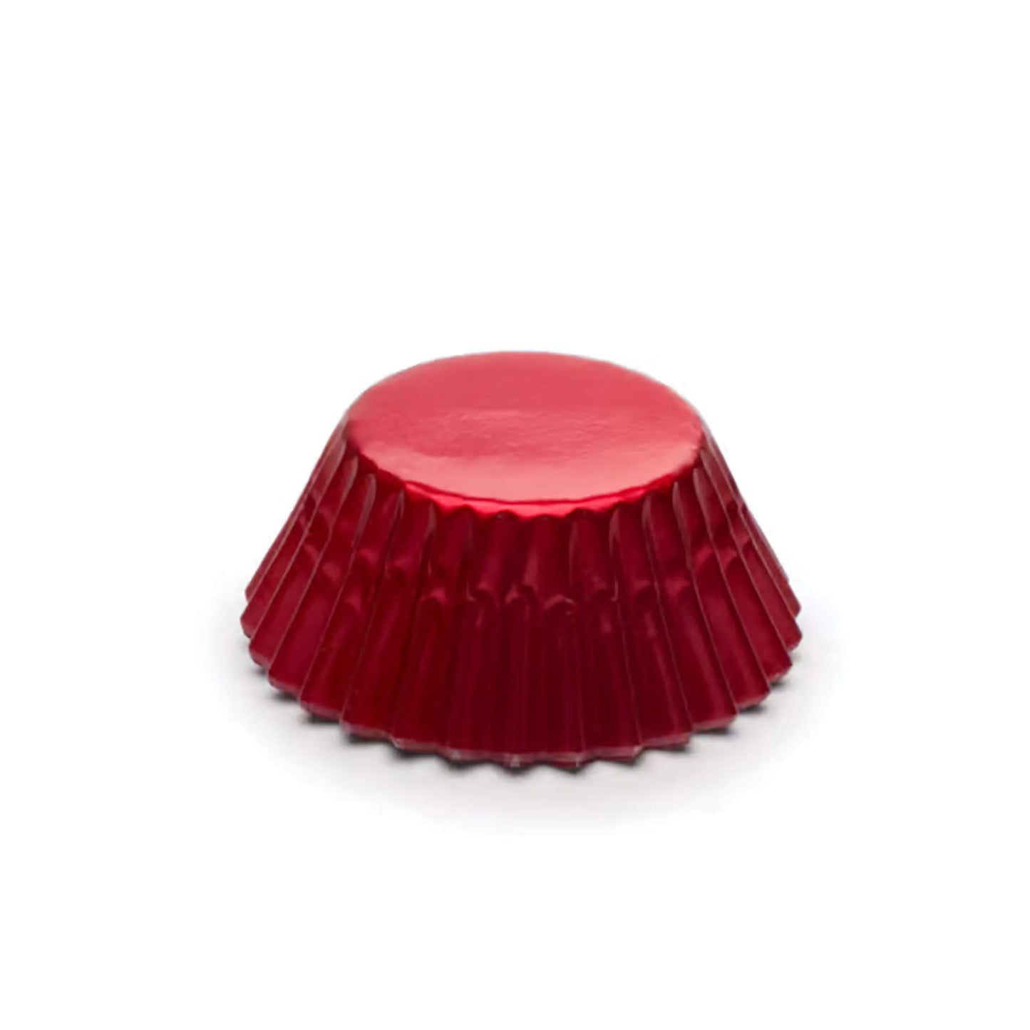 Metallic mini foil baking cup in red with fluted sides, shown upside down on a white background.