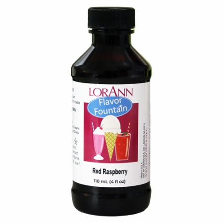 LorAnn Red Raspberry Flavor Fountain bottle with illustrated label of ice cream and shakes, used to flavor frozen desserts with sweet and tart raspberry taste