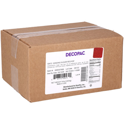 DecoPac Red Sanding Sugar 8 lb bulk case in a sealed brown cardboard box with product identification label, item #50472.