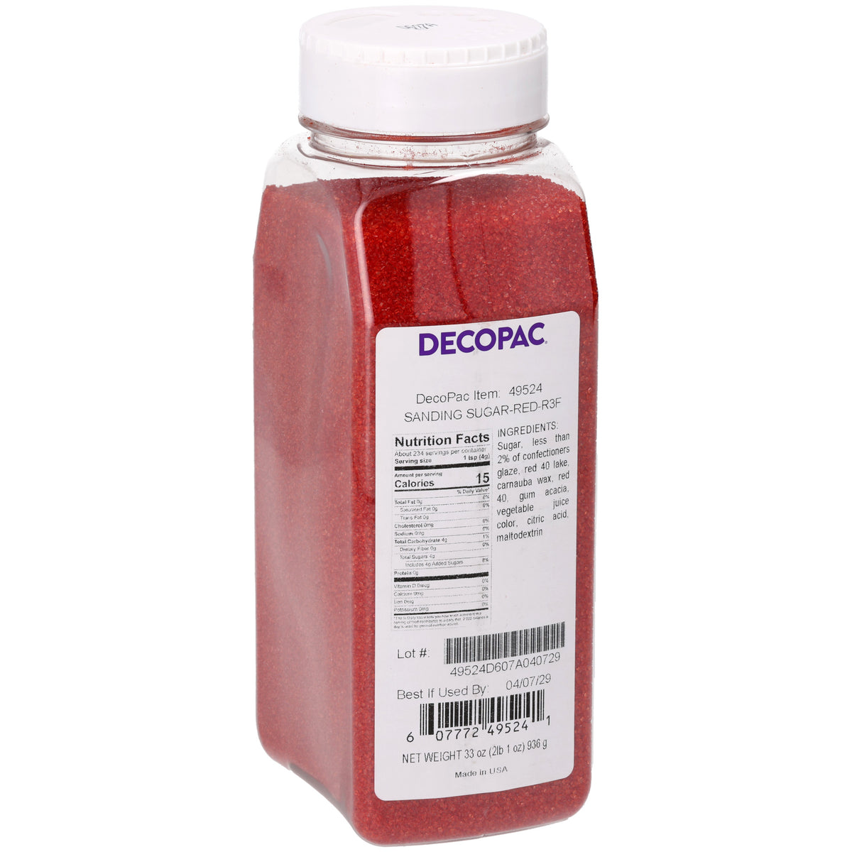 DecoPac Red Sanding Sugar in a 33 oz clear plastic shaker container with white screw-on lid, filled with vibrant red sugar crystals, item #49524.