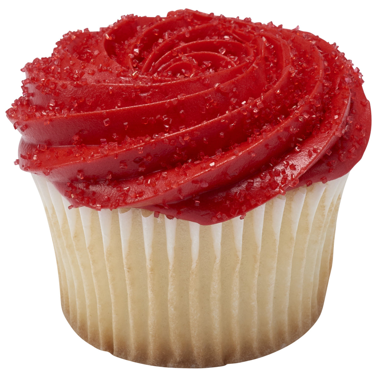 Vanilla cupcake with a swirl of bright red buttercream frosting covered in sparkling red sanding sugar crystals in a white paper liner.