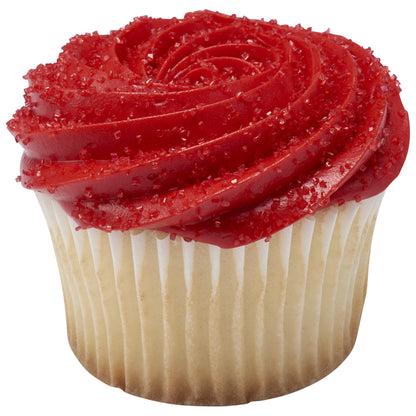 Vanilla cupcake with a swirl of bright red buttercream frosting covered in sparkling red sanding sugar crystals in a white paper liner.