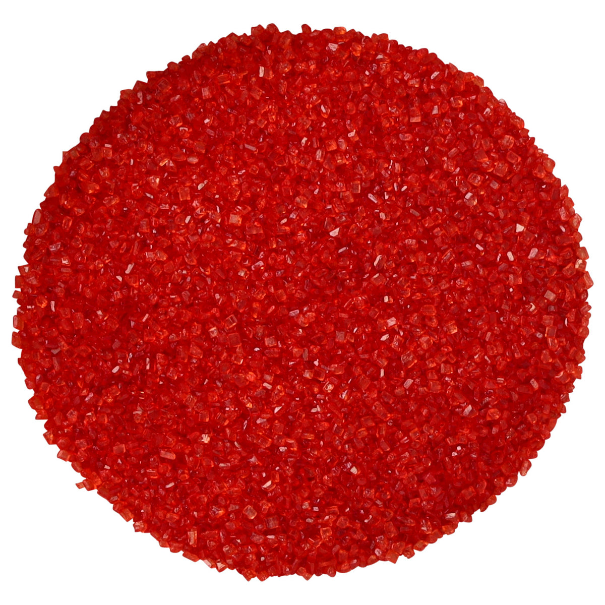 DecoPac Red Sanding Sugar in a 33 oz clear plastic shaker container with white screw-on lid, filled with vibrant red sugar crystals, item #49524.