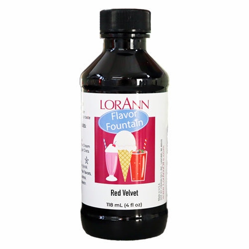 LorAnn Red Velvet Cake Flavor Fountain bottle with illustrated label of ice cream and shakes, used to flavor frozen desserts with rich red velvet flavor