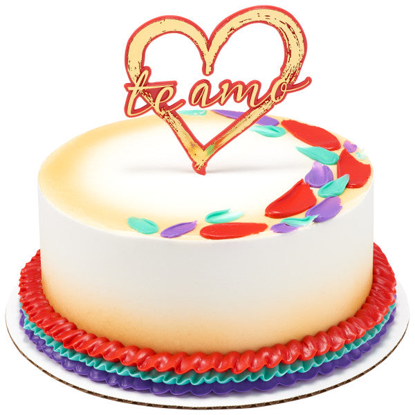 Three gold foil heart-shaped "Te Amo" cake toppers in red, purple, and teal plastic.