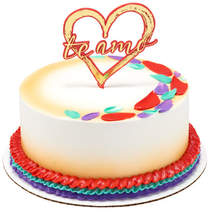 Three gold foil heart-shaped "Te Amo" cake toppers in red, purple, and teal plastic.