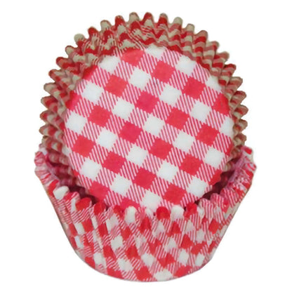 Red gingham baking cup, standard size, 36 count. Features a red and white checkered pattern, stacked in a nesting arrangement.