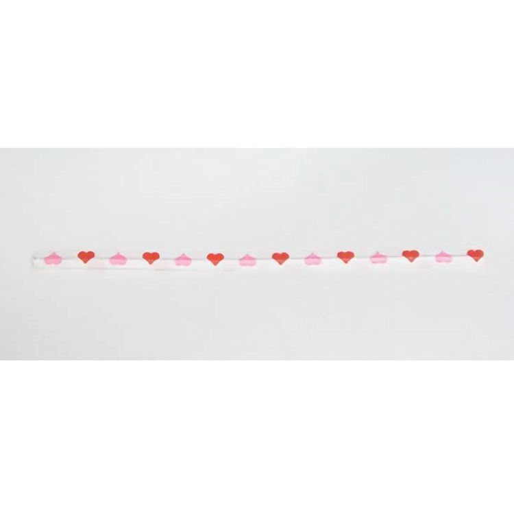 A single paper twist tie with pink and red hearts in an alternating pattern. These twist ties have a fun valentines day feel.