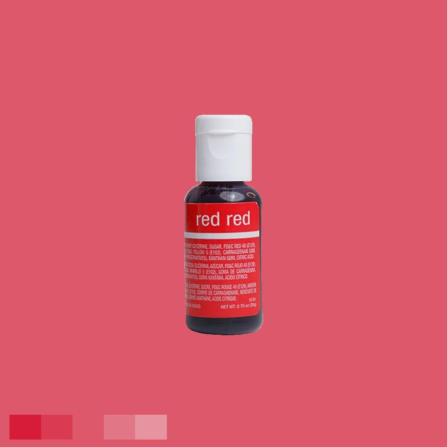 Intense red red Chefmaster coloring gel, 0.70 oz, for bold cake decoration, with white top and informative label, on a pink-toned background.