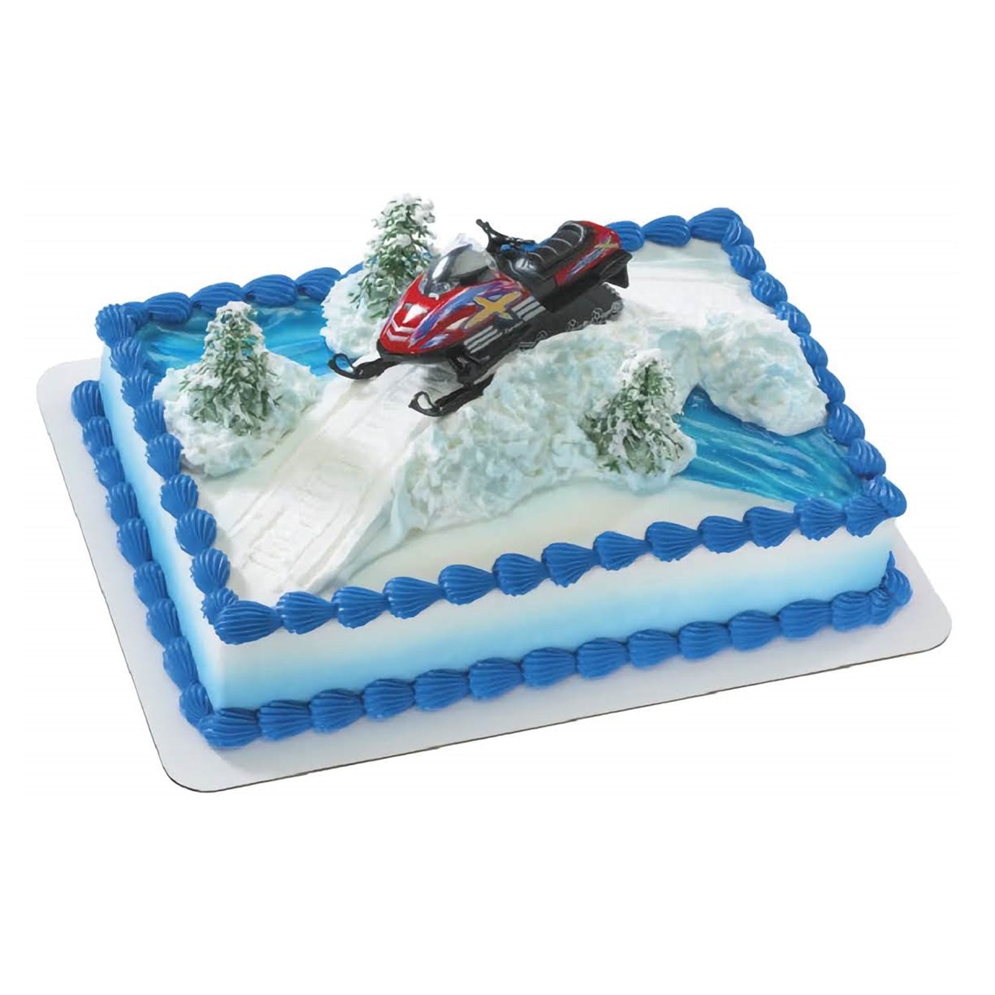 Red snowmobile cake topper kit with snowy trees, perfect for winter or extreme sports-themed parties and cakes.