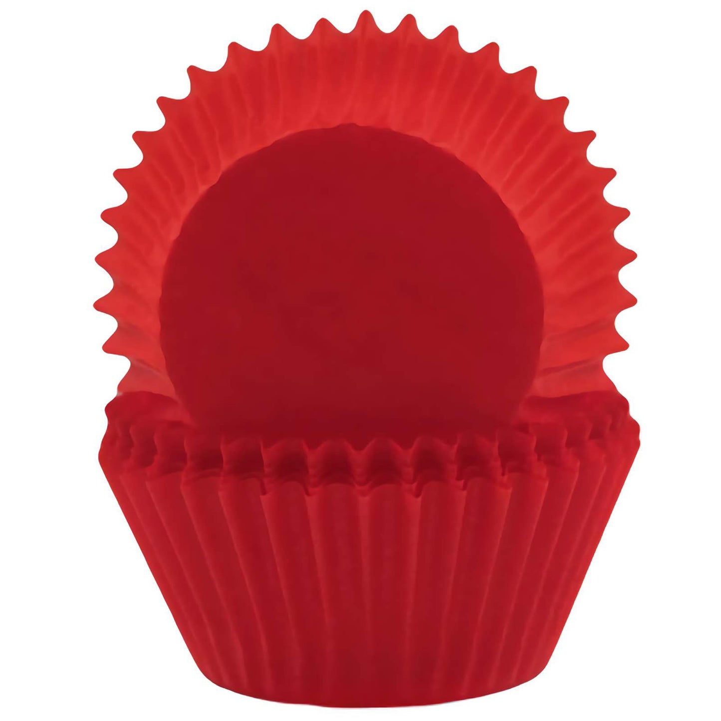 Red standard greaseproof cupcake liners stacked together, featuring a bold, vibrant red color, perfect for festive and holiday baking.