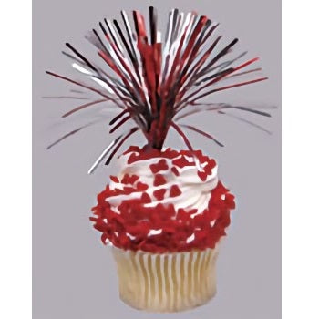 A vibrant cupcake pick featuring a burst of red and silver mylar strips, creating a sparkling spray effect that adds excitement and color to graduation treats.