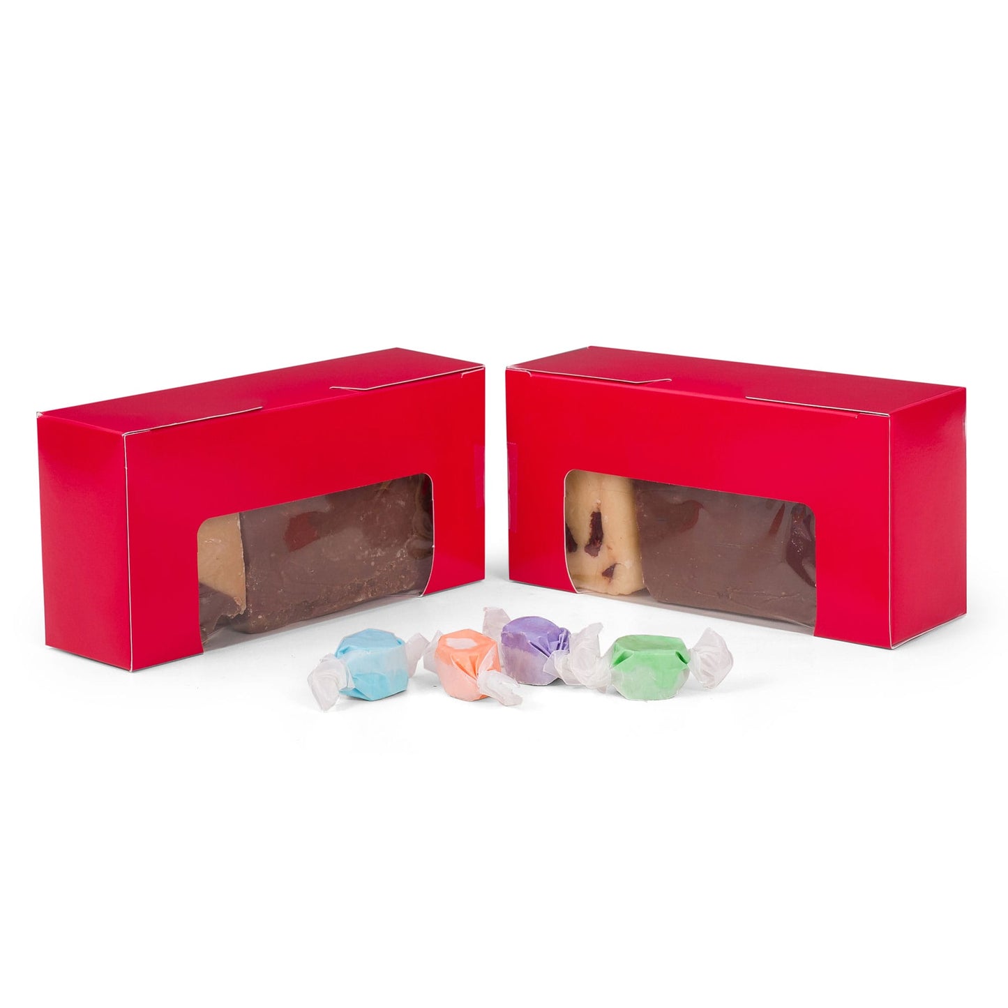Red 1 lb candy box with clear window, showcasing fudge, ideal for packaging truffles, chocolates, and other sweets.