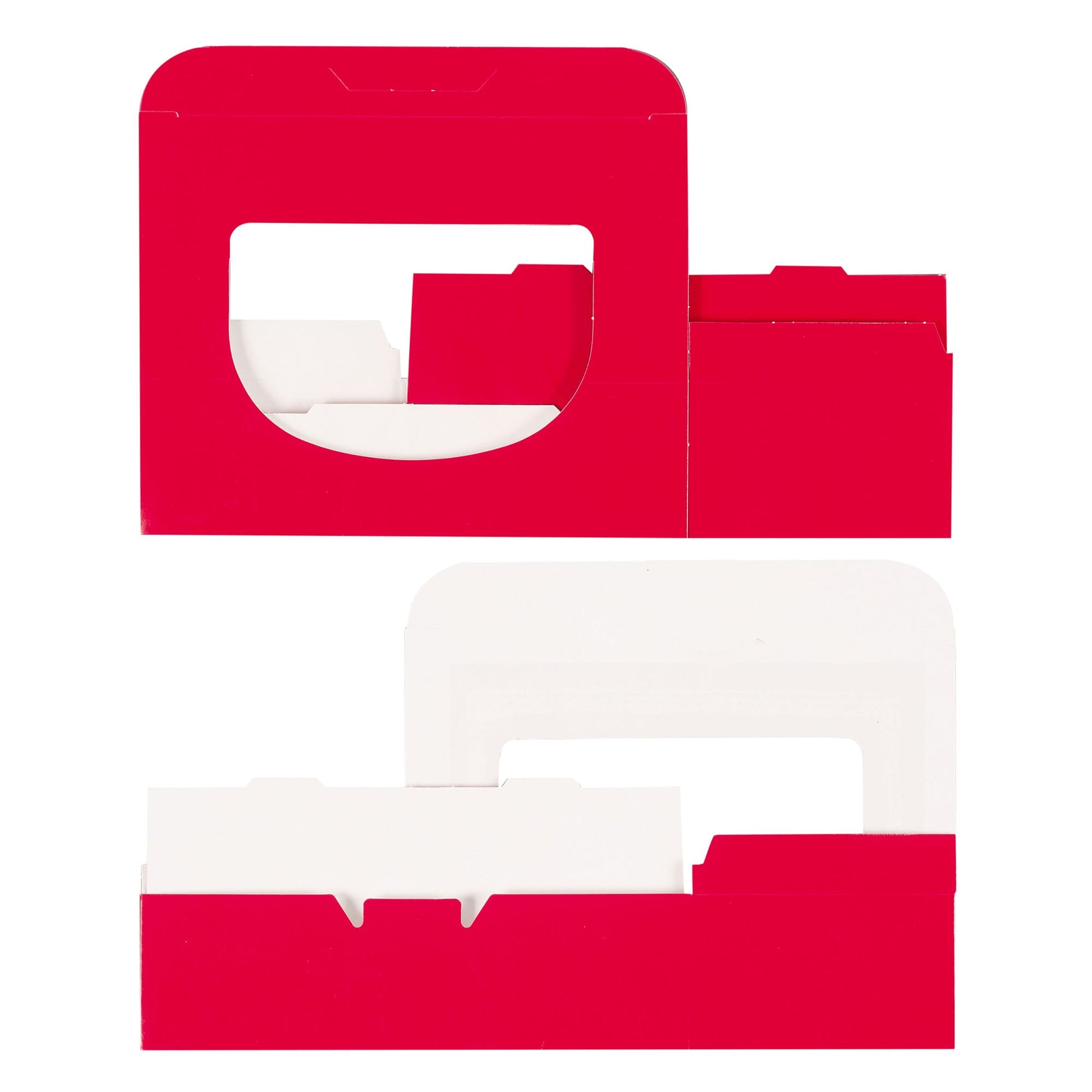 "Flat view of red 1 lb candy box with window before assembly, showing easy one-piece design and foldable construction.