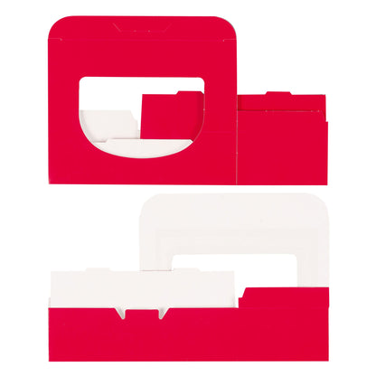 "Flat view of red 1 lb candy box with window before assembly, showing easy one-piece design and foldable construction.