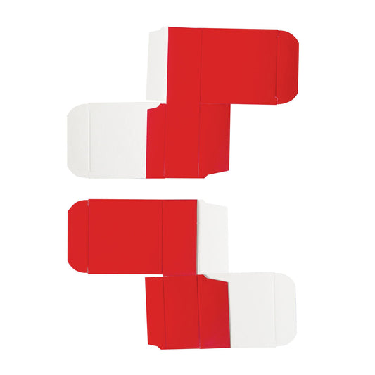 Flat layout of unfolded red candy boxes showing their one-piece construction, ready for easy assembly.