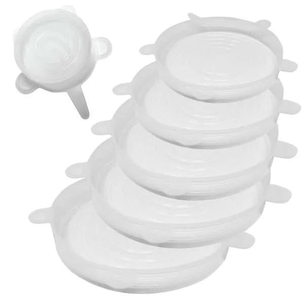 A set of six reusable round silicone lids, neatly stacked, showcasing their flexible and stretchable design.