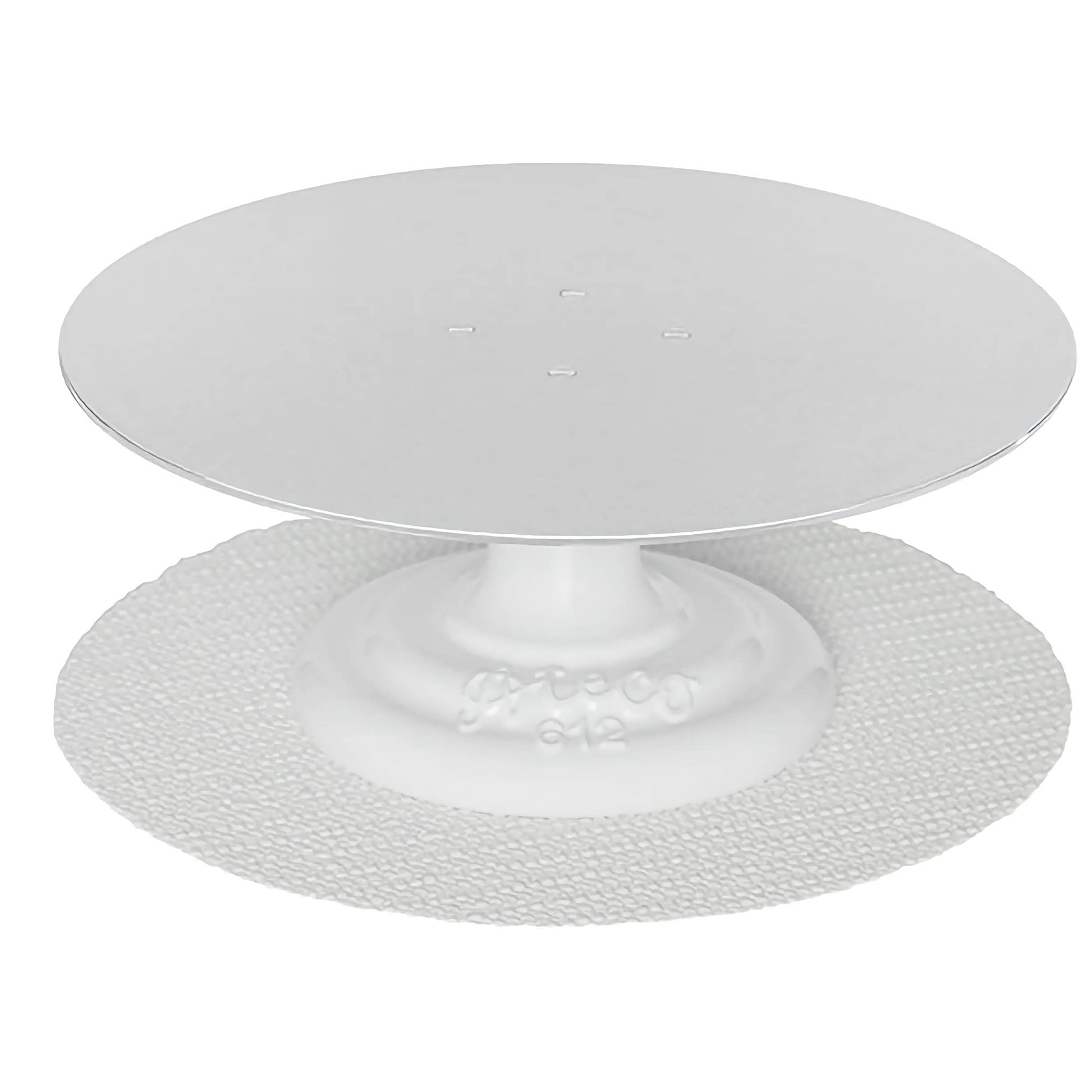 Professional cake turntable with a 12-inch aluminum top and white cast iron base, shown with included non-slip pad underneath for added stability.