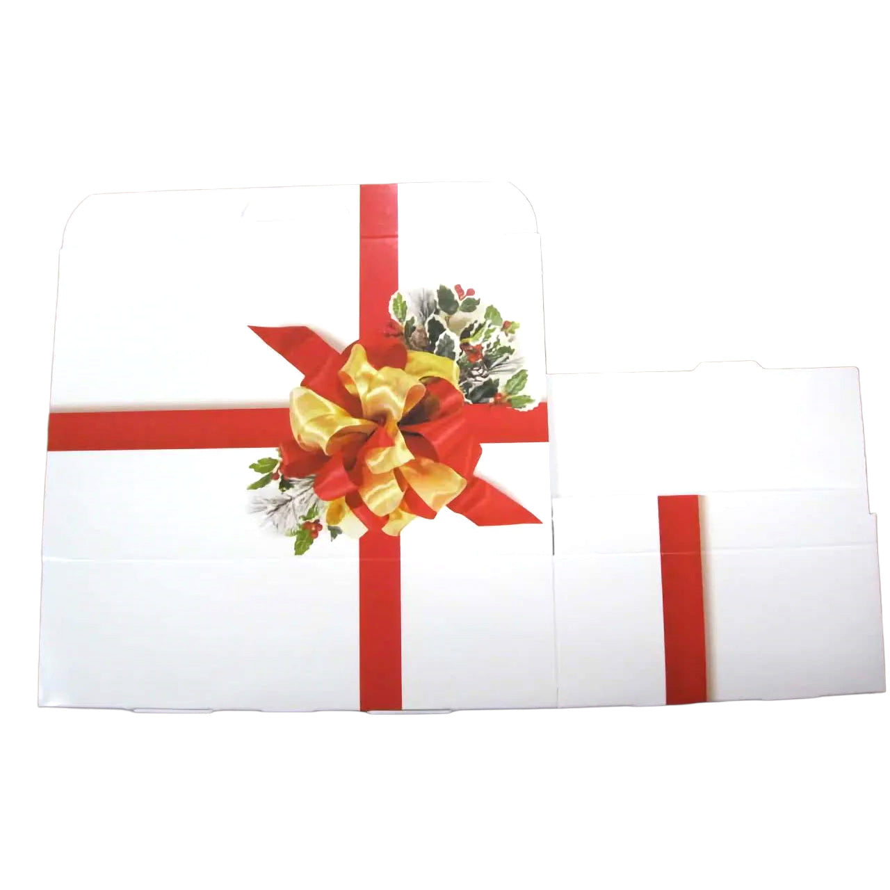 Flat, unfolded Ribbon & Holly candy box showing red ribbon cross, gold bow, and holly accents on a white box template