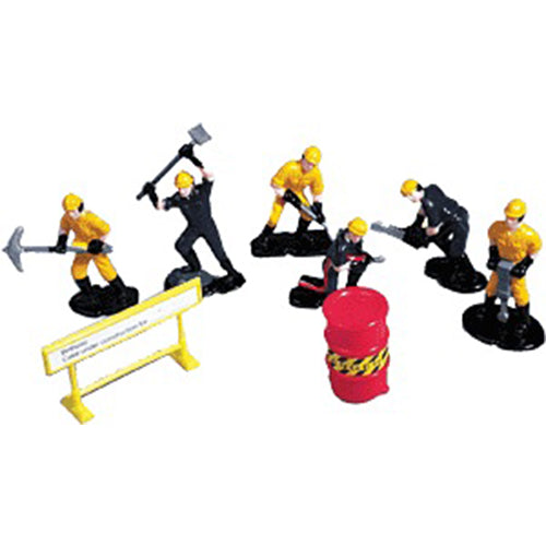 Eight-piece road construction cake topper set including worker figurines in yellow and black uniforms, a safety barrier, and red barrel accessory