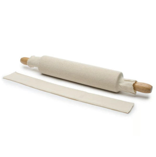 Set of two 100% cotton rolling pin covers, one fitted onto a wooden rolling pin and one lying flat.