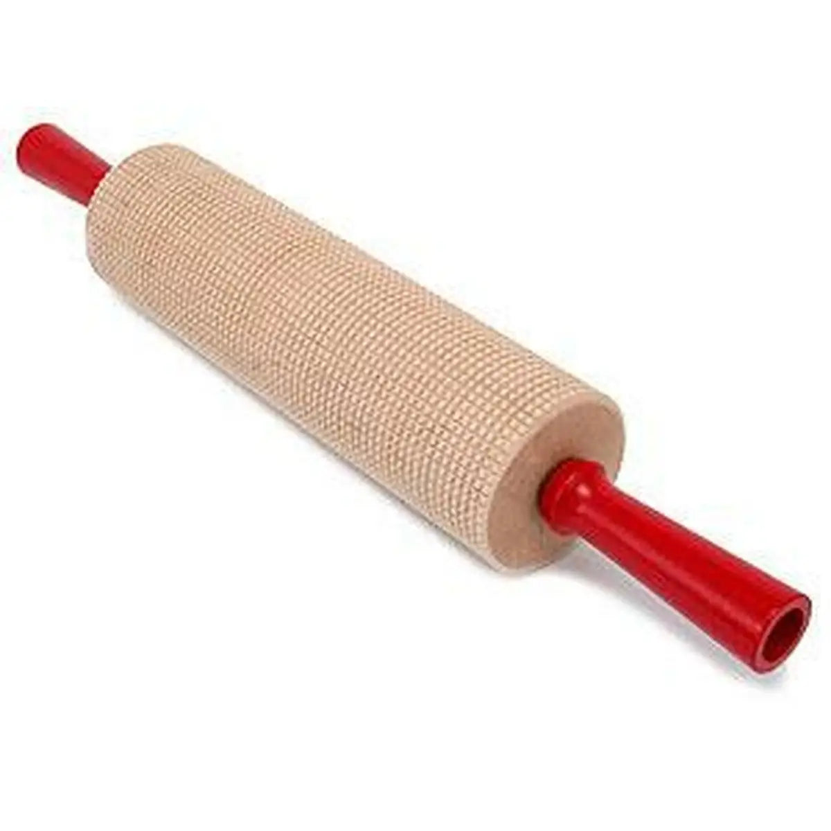 A traditional lefse rolling pin with square-cut grooves, designed for rolling out potato and Hardanger lefse. Made from durable hardwood with easy rolling action.