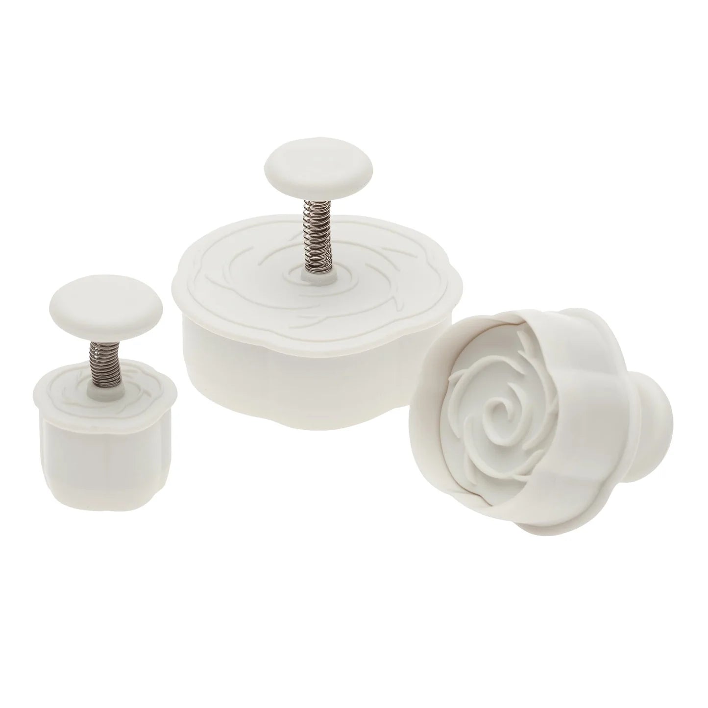 Set of three white rose-shaped plunger cutters with spring-loaded handles in different sizes.