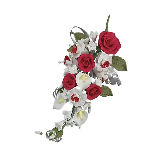Cascading 7-inch gum paste floral spray with red roses, white calla lilies, small white blossoms, and green leaves.