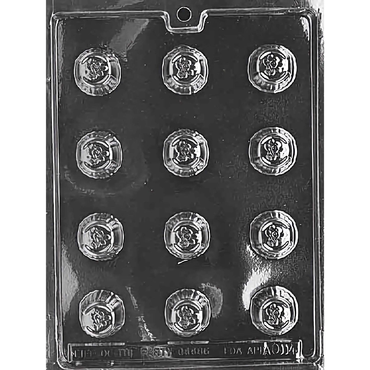 Clear plastic chocolate mold designed for making rose-shaped bon-bons, featuring twelve round compartments arranged in three rows of four. Each compartment is intricately designed with a rose pattern in the center, surrounded by a fluted edge.