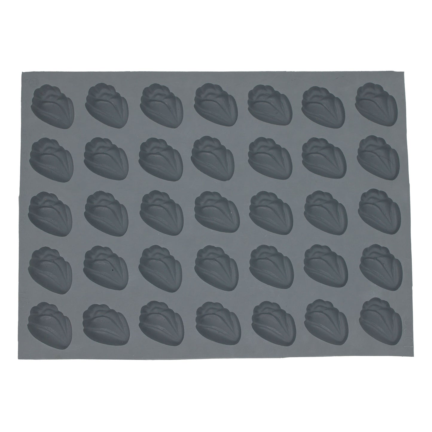 A rectangular rubber mold with 35 cavities shaped like rosebuds, ideal for making cream cheese mints and chocolates. Each cavity measures 1.375 inches by 1 inch by 0.5 inches deep.