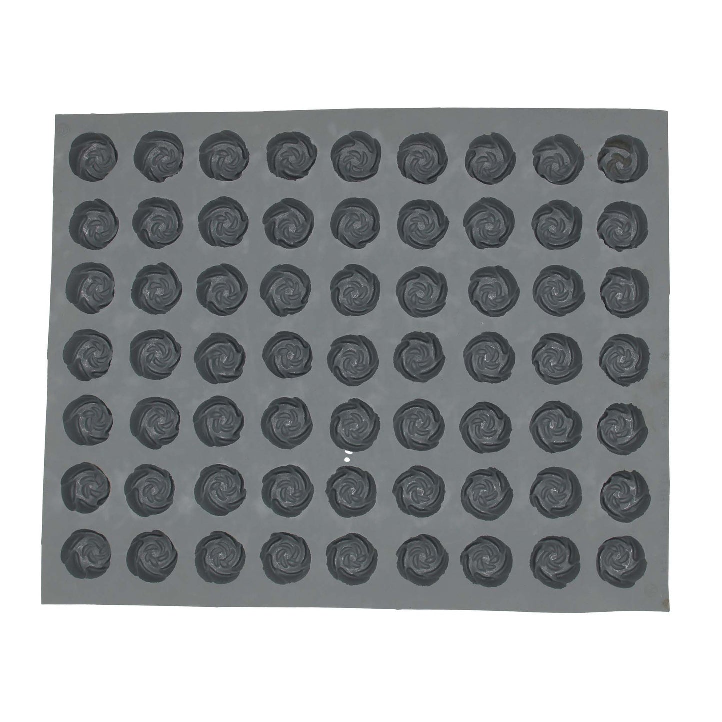 A rectangular rubber mold with 63 cavities shaped like roses, ideal for making cream cheese mints and chocolates. Each cavity measures 1 inch by 1 inch by 0.5 inches deep. Available in full sheet or single mold sections.