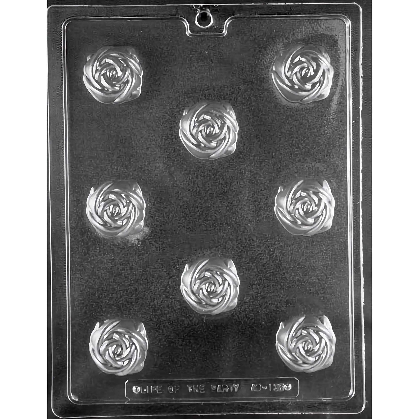 Clear plastic chocolate mold designed for crafting detailed rose-shaped truffles, featuring eight compartments each intricately shaped like a blooming rose. The mold is set against a black background, showcasing the floral detail of each cavity which includes layered petals for a realistic appearance. 