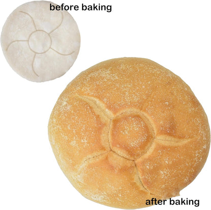 Before and after bread samples using the Ateco stainless steel rosette bread stamp designed for embossing rolls and boules before baking, featuring a sturdy handle and durable construction for professional-quality results.