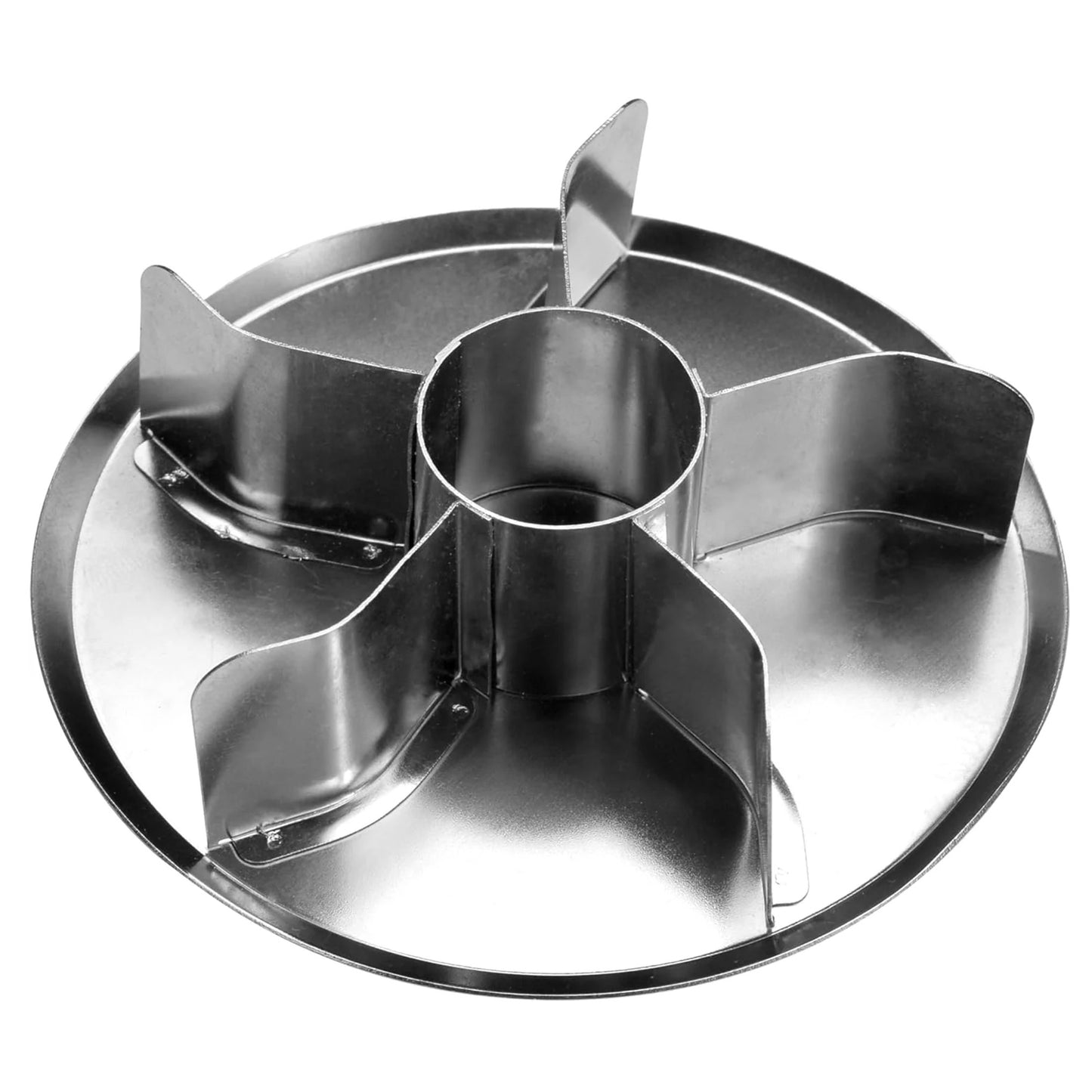Stainless steel rosette bread stamp with a round base and five curved fins around a central circular ring, photographed on a white background.