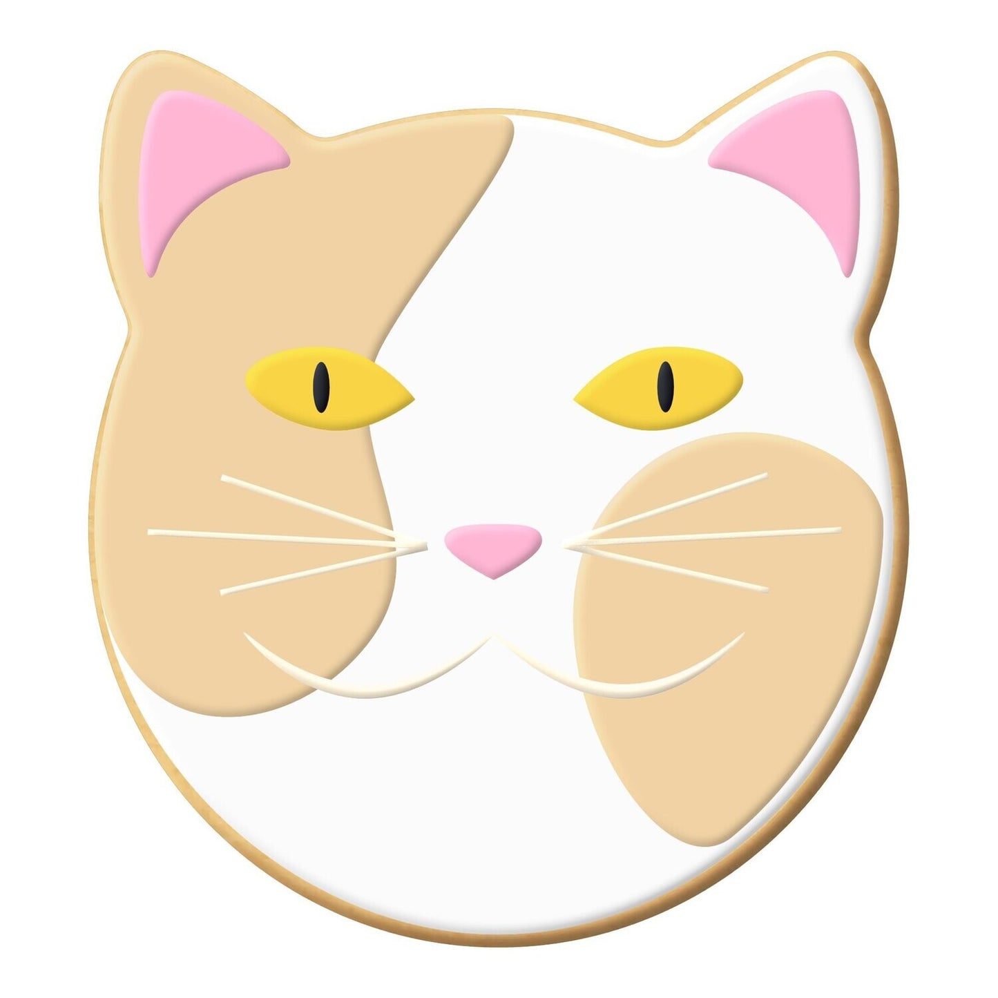 Decorated cat face cookie with detailed icing featuring yellow eyes, pink ears, and a tan and white fur pattern.