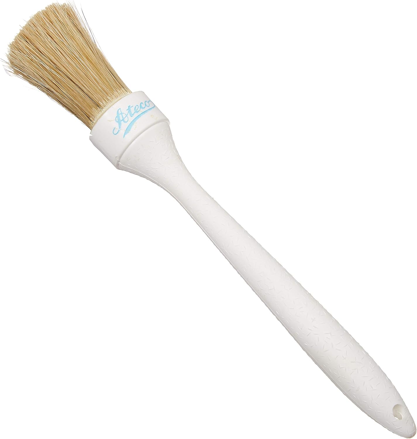 Ateco 1-inch round pastry brush with natural boar bristles and a white plastic handle featuring a textured grip and hanging hole for easy storage.