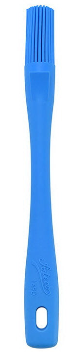 Close-up of a blue round silicone bristle pastry brush with an ergonomic handle and hanging loop.