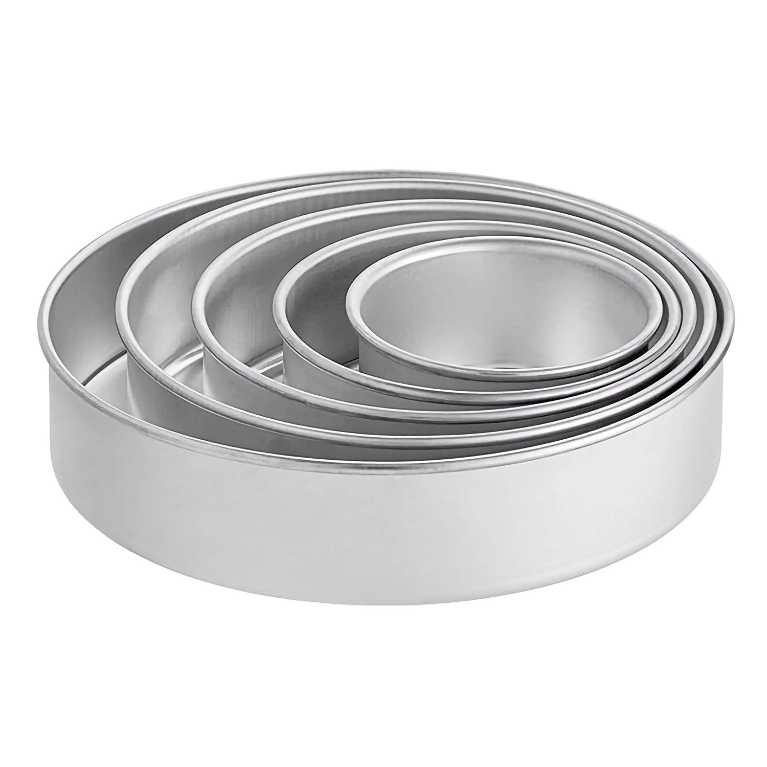 Set of four round 2 inch deep metal cake pans in varying sizes, stacked together. Ideal for baking layered cakes.
