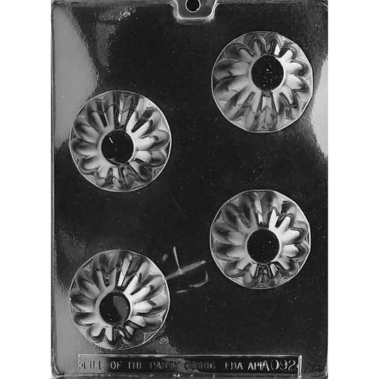 Round Dessert Cup Chocolate Mold with four cavities, each designed to create a detailed and elegant round chocolate dessert cup. Dimensions: 2-5/8 inches in diameter and 1-5/8 inches deep, using approximately 3 ounces of chocolate per piece. One pound of chocolate produces about 5 pieces. Made of food-grade plastic and manufactured in the USA.