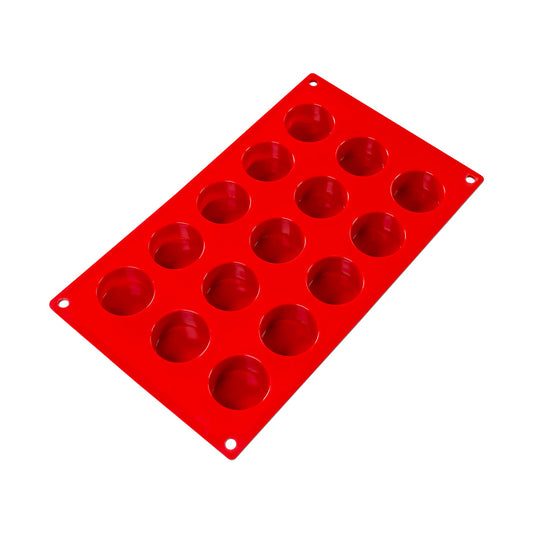 A vibrant red fat daddio's silicone mold with 15 round cavities arranged in three rows of five, designed for creating petit fours or small confections. The cavities are depicted from the top view, showing their semi-spherical shape, ideal for crafting round bite-sized treats. The glossy finish of the mold suggests a non-stick surface, and the two holes at the ends imply it's easy to handle and store.
