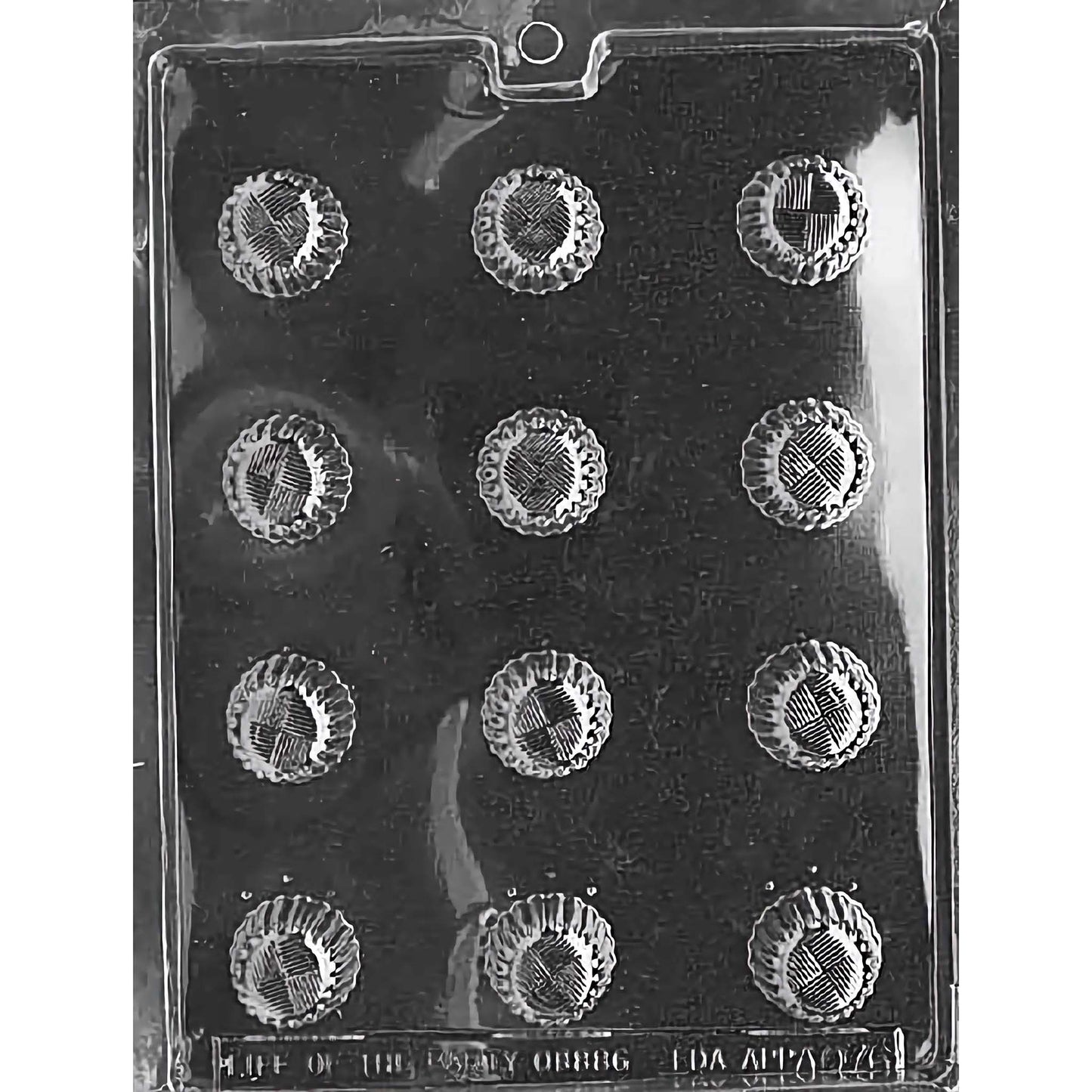 Round Traditional Chocolate Mold with twelve round cavities, each featuring a detailed traditional design. The mold creates 1-1/8 inch diameter and 7/8 inch deep chocolate pieces, using approximately 0.4 ounces of chocolate per piece. Made of food-grade plastic and manufactured in the USA.