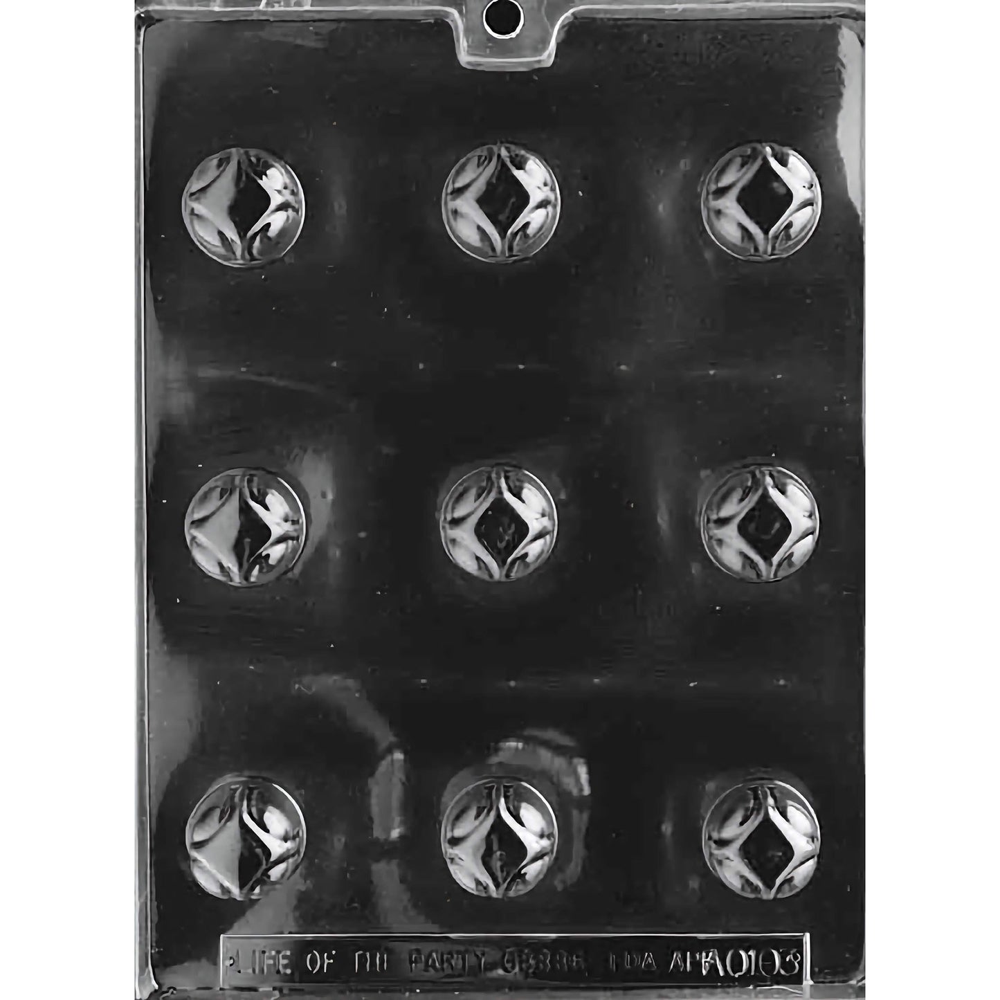 Clear plastic chocolate mold with nine round cavities, each featuring a traditional decorative design in the center. The mold is displayed against a black background, which enhances the visibility of the intricate details. Ideal for creating elegant, round chocolate pieces with a classic look.