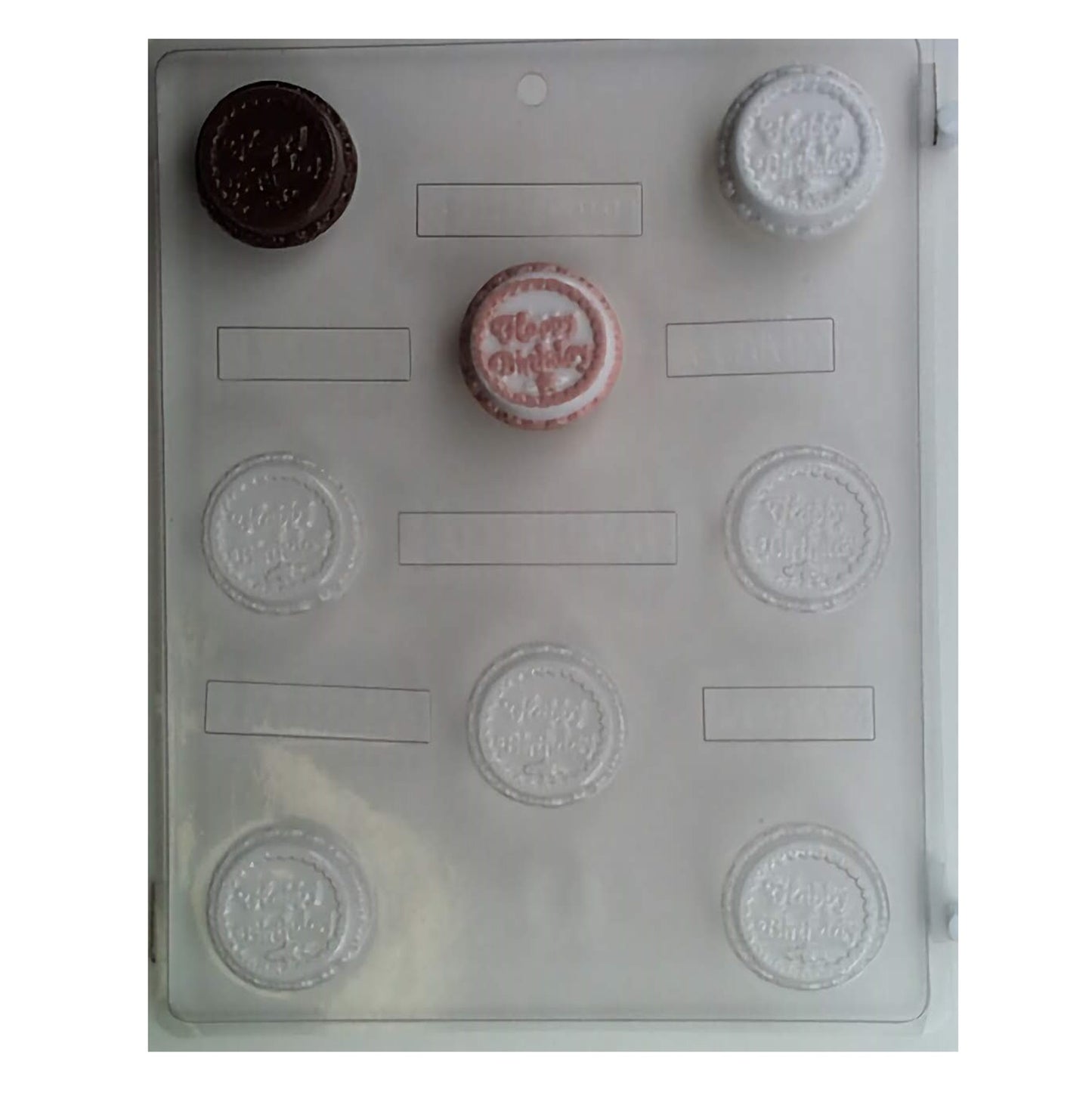 Round chocolate mold featuring 'Happy Birthday' text surrounded by a decorative border, ideal for creating celebratory candies for birthday parties.