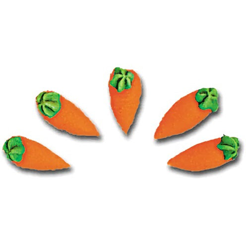 Royal icing carrot decorations in a 3/4-inch size, with bright orange bodies and green tops, arranged in a fan shape—perfect for Easter or holiday-themed treats.